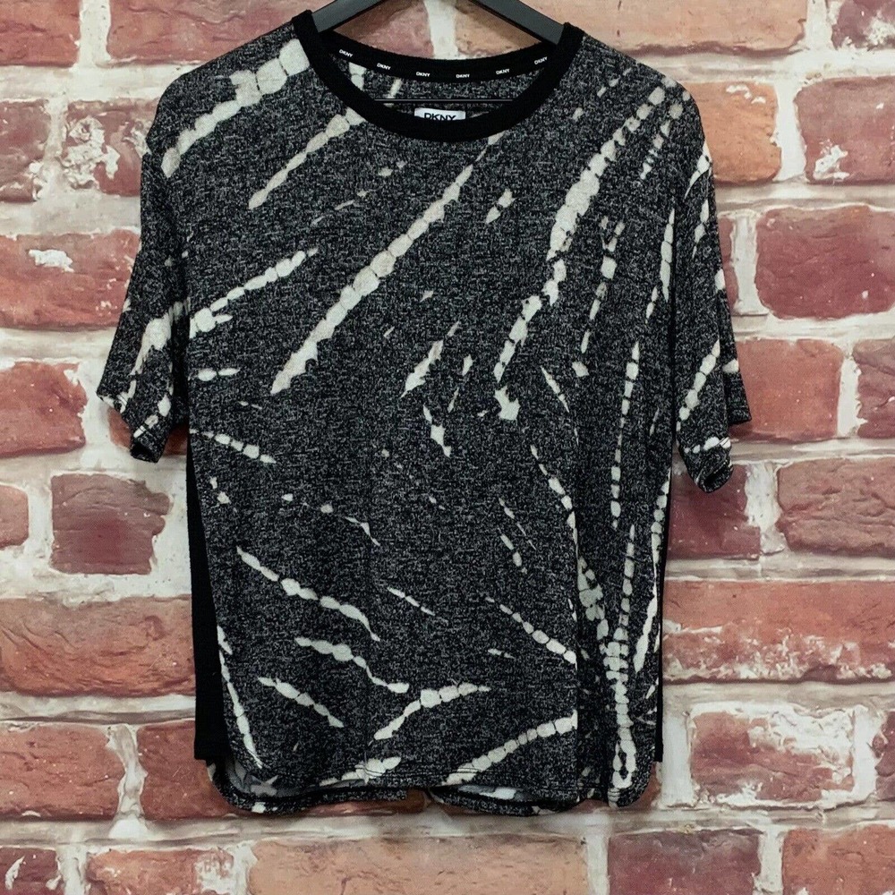 DKNY Donna Karan Top Womens Small Black White Tie Dye Knit Blouse
